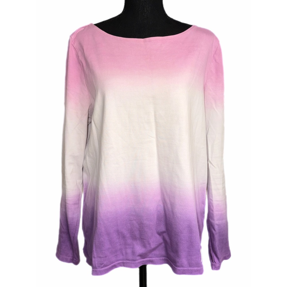 Talbots Pink Purple Ombre Dip Dye Long Sleeve Cotton Tee Shirt Large